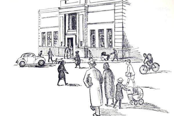 Drawing of A day at the Library by  Andrew Muir 1954