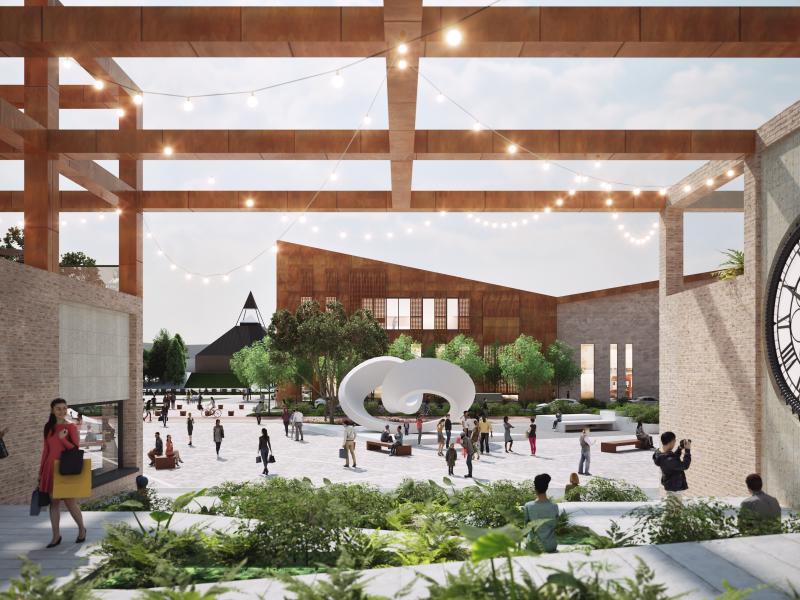 A conceptual image from the entrance of the retained retail space in Cumbernauld town centre, overlooking the new town square and town hub, looking towards St Mungo's church