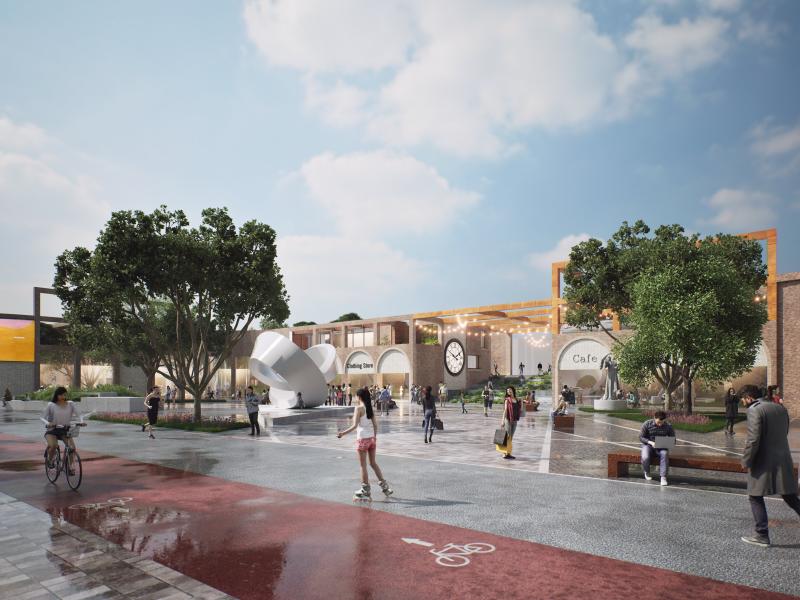 A conceptual image showing a new open space Town Square as well as cycling and walking space for pedestrians along Central Way